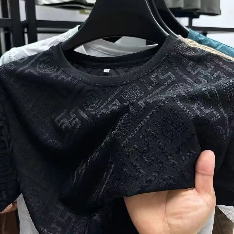 Men's T Shirts High quality Fashion Printed Short Sleeve T-shirt Men Summer Ice Silk Plaid Round Neck Casual Breathable Top