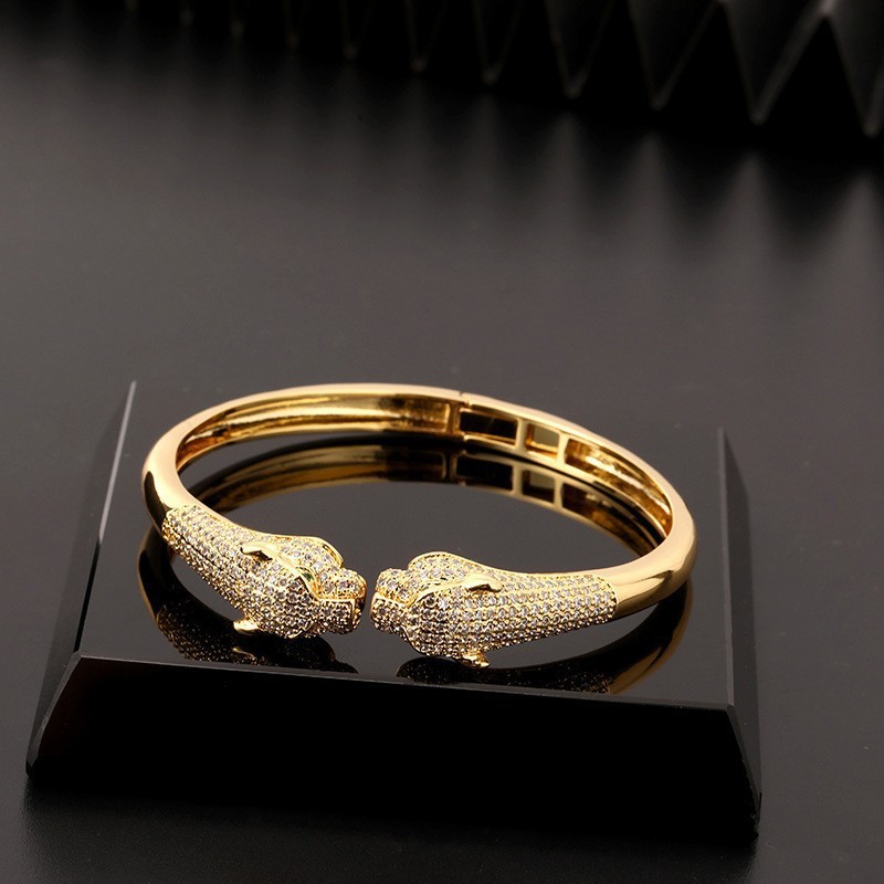 Leopard Print Open Cuff Bracelet 18K Gold Plated Hip Hop Bangle with Zircon Stones Animal Jewelry for Women and Men