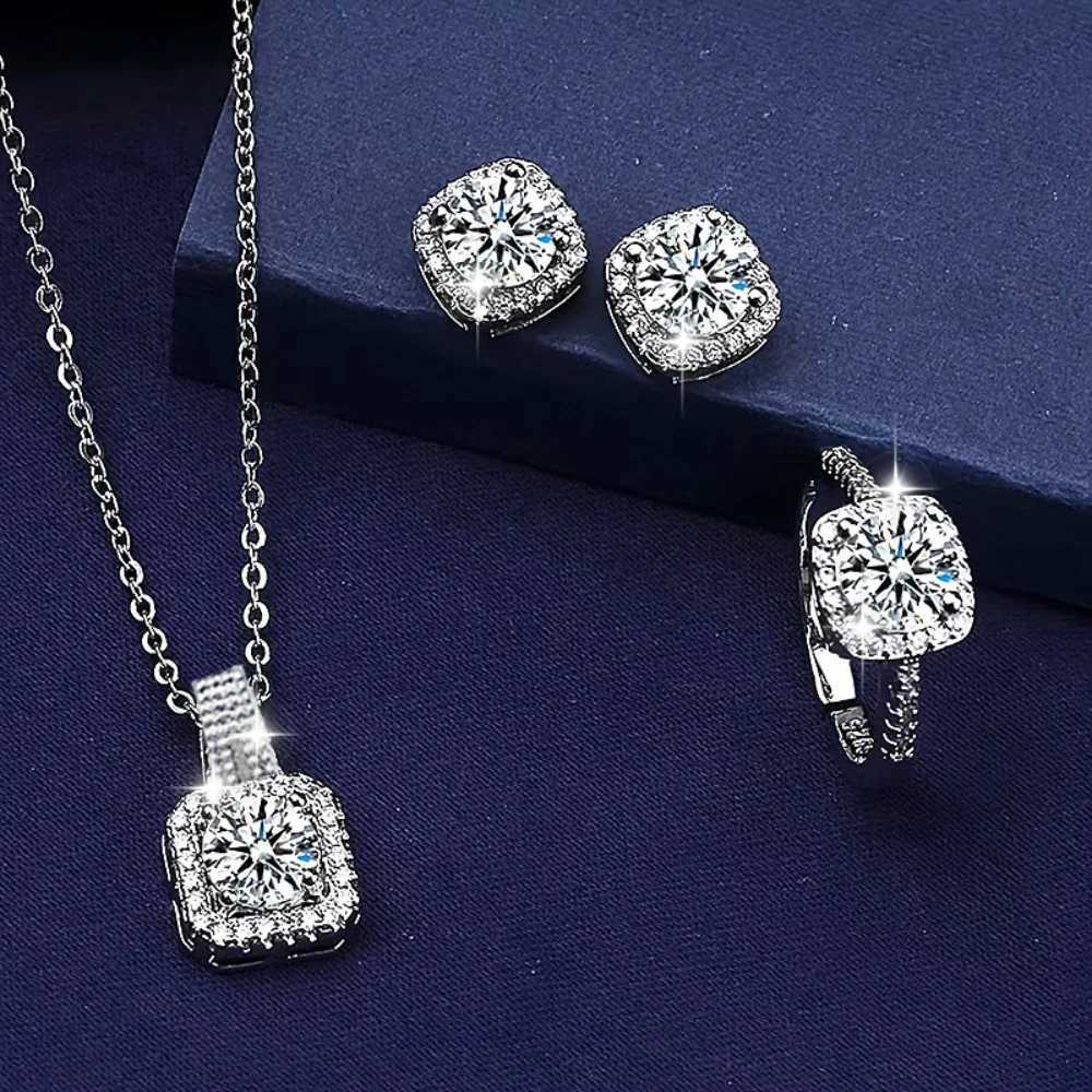 3pcs Set Luxury Brand Shiny Geometric Square Zircon Necklace Earring Rings for Women Charm Fashion Jewelry Set Anniversary Gift X250718