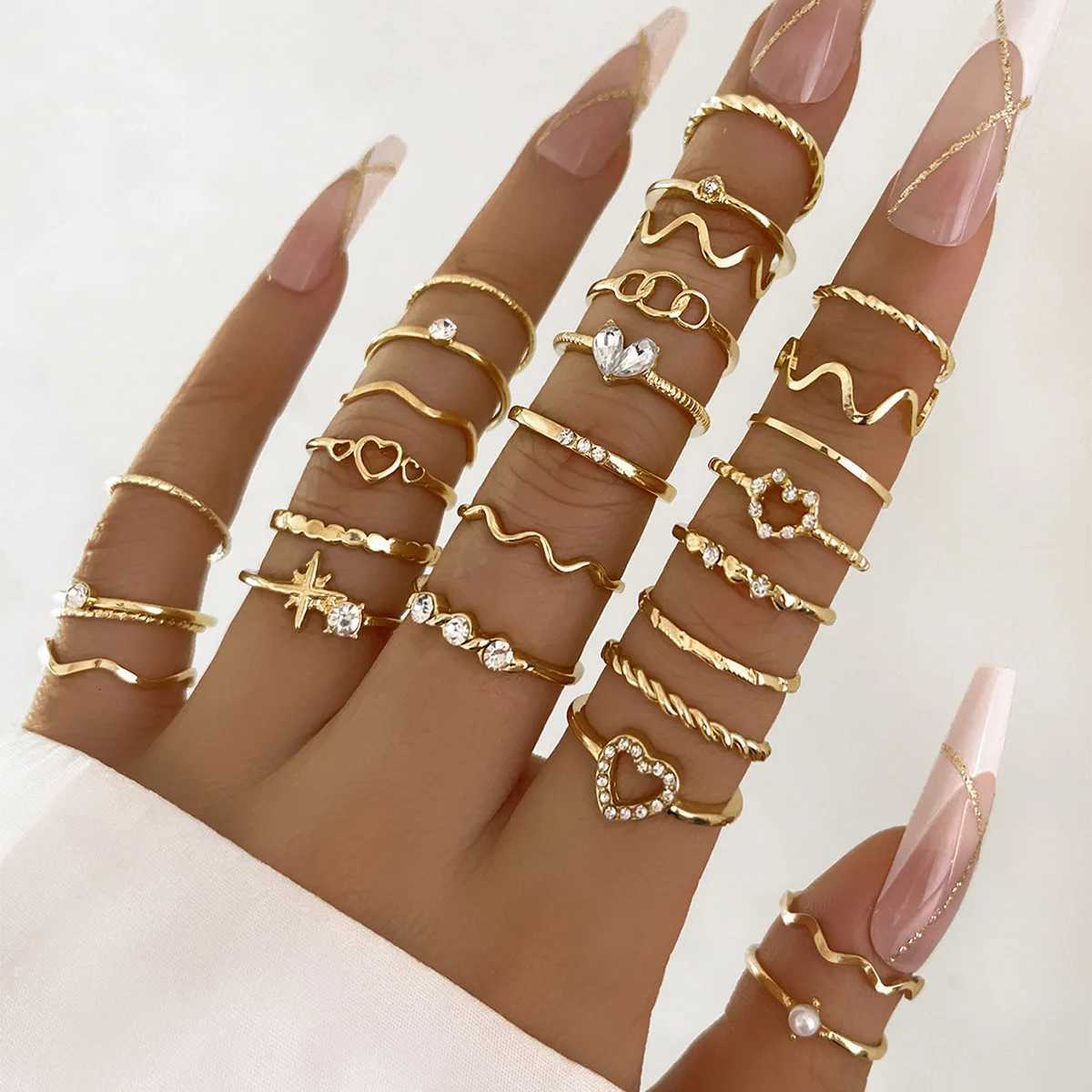 Fashion Simple Wave Joint Rings Set For Women Crystal Shape Gold Silver Color Ring Female Party Jewelry X250718