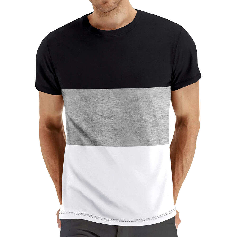 Summer Plus Size Casual Block Crew Neck Short Sleeve Fashion Contrast Color Men's Fitness Sports T-Shirt B5