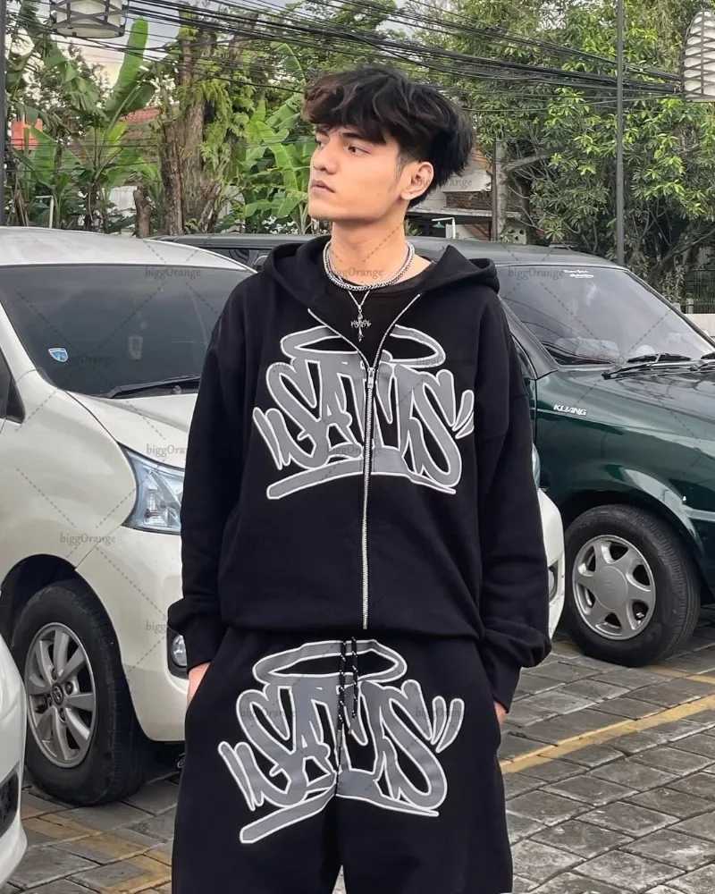 Hip Hop Rock Gothic Punk Oversized Zipper Hoodie Set Men Y2k Harajuku Vintage American Letter Print Pants Wide Leg Pants Women X250718