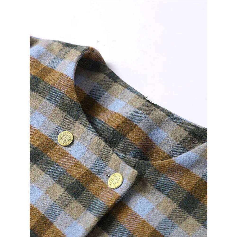 Plaid Round Neck Women Short Jacket Elegant Oversize Full Sleeves Double Breasted Coat New Fall Winter Commute Outcoat Top
