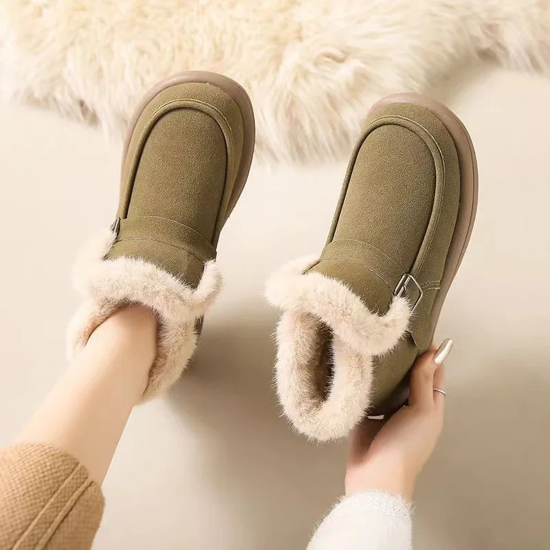 Winter Womens Snow Boots Korean Version Plush Comfortable Super Warm Anti Slip Soft Bottom Belt Buckle Womens Shoes 250717