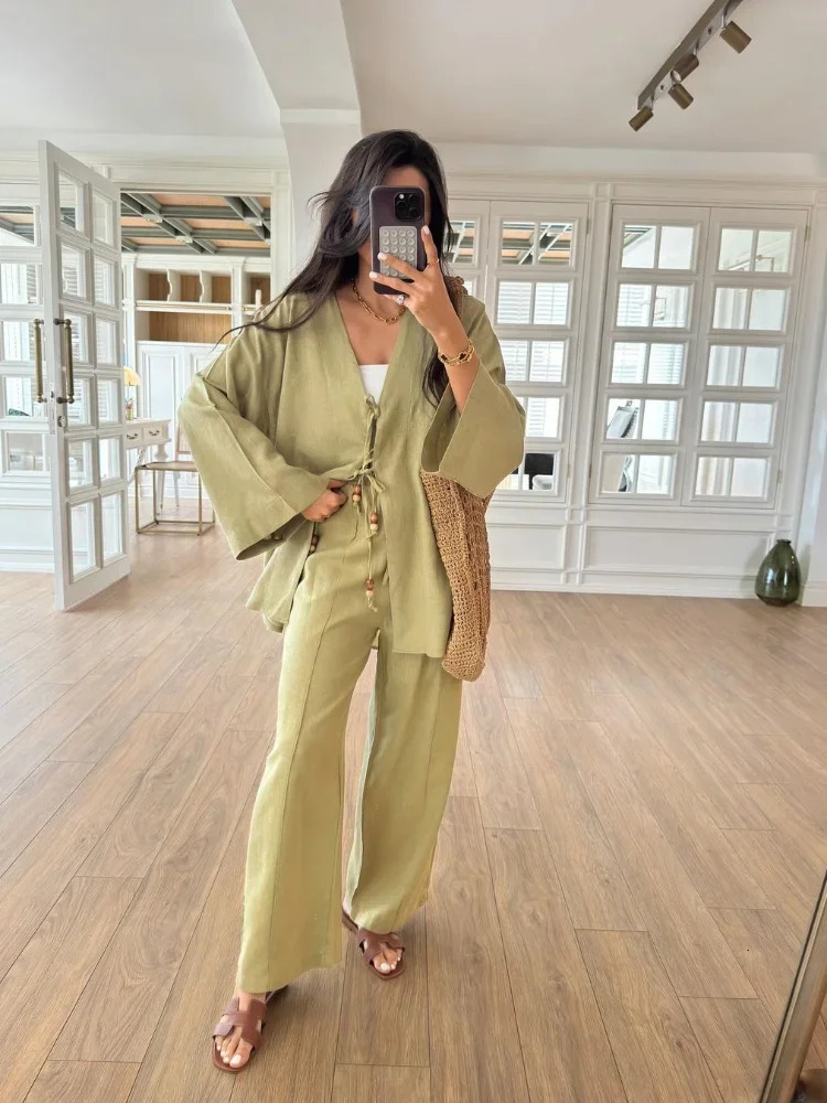 Casual Beading Lace Up Shirt Pants Set Women Loose V Neck String Long Sleeve Shirt Wide Leg Pant Autumn Chic Lady Outfit 250715