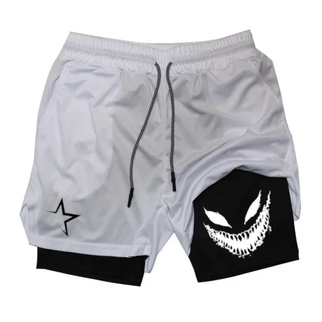 Mens breathable and quick-drying sports shorts with Devil smile print 2-in- performance shorts and a mobile phone pocket W250718
