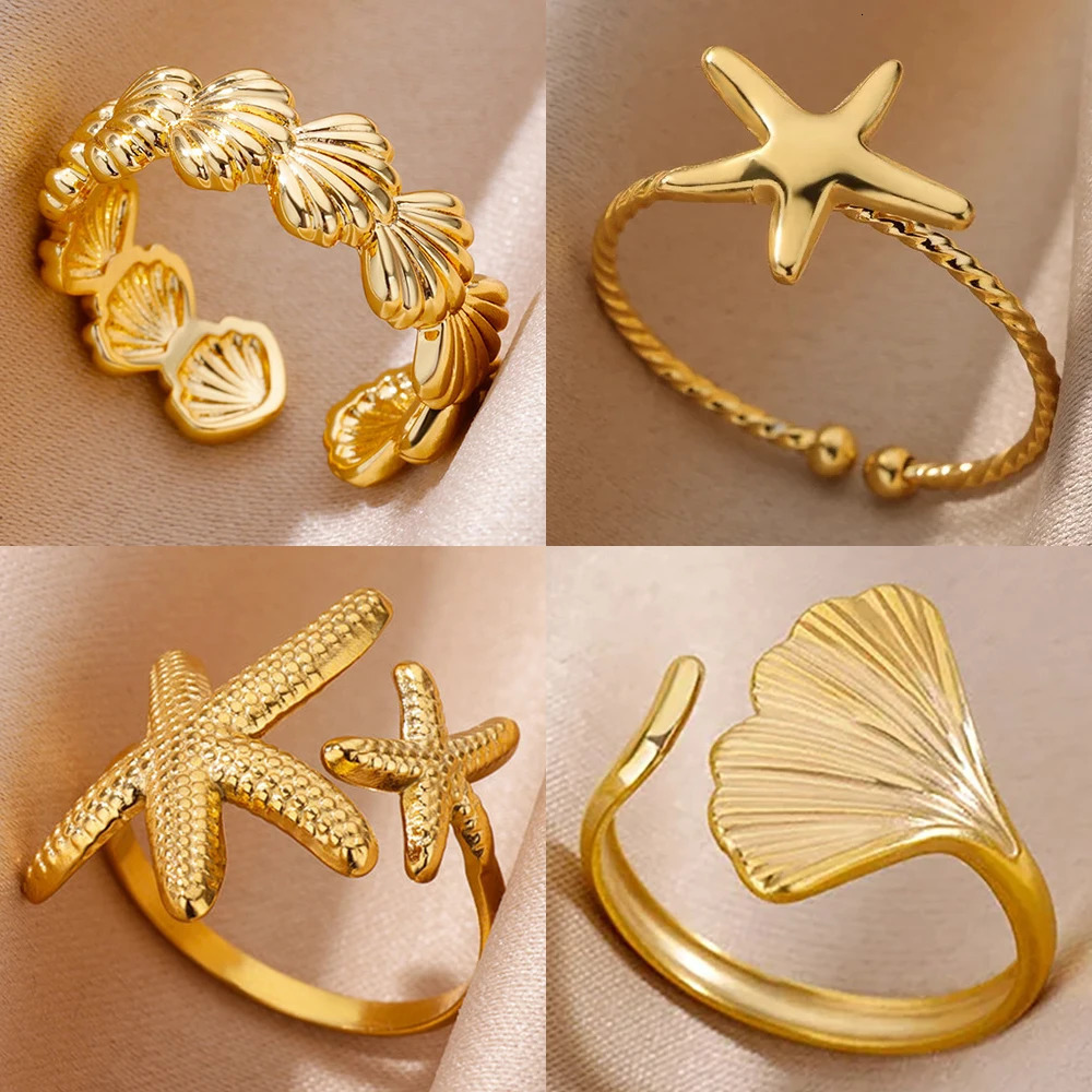 Ocean Starfish Shell Open Rings For Women Gold Color Stainless Steel Ring Summer Beach Aesthetic Waterproof Jewelry Gift 250716