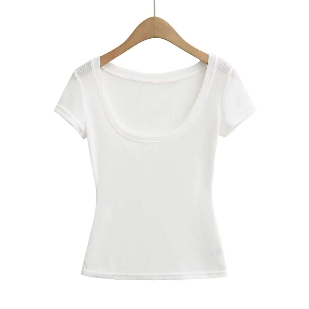 Slightly Transparent Thin U-Neck Short Sleeve T-Shirt For Women Summer Slim Fit Inner Layer Base Shirt Hot Girl White Slimming Regular Shoulder Top B5