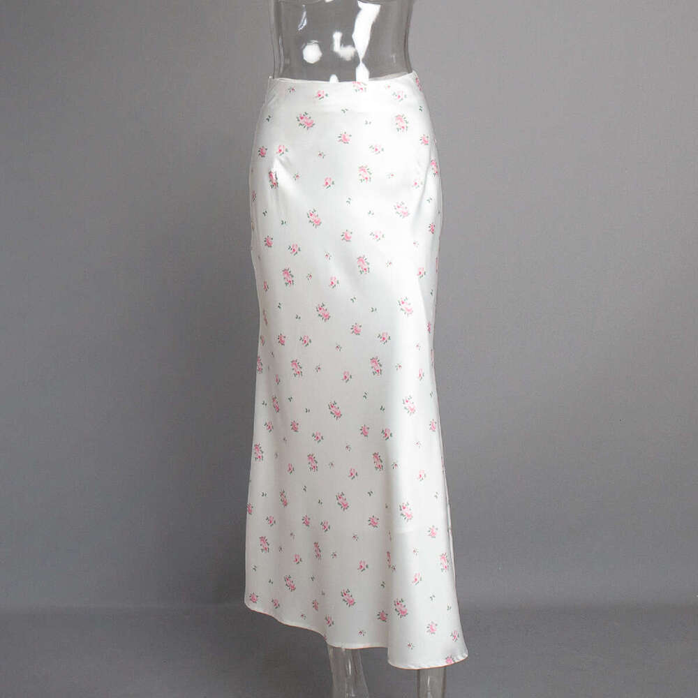 Printed Spring Summer New Elegant Floral Satin Print Draped High Waist Midi Skirt B5