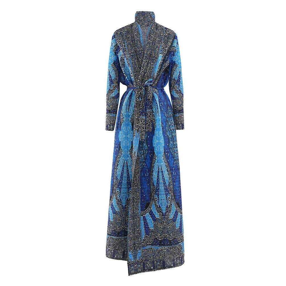 LANMREM Fashion Print Design Pleated Long Coat Women Scraf Collar Belt Gathered Waist Windbreaker 2024 Autumn New 32C1489