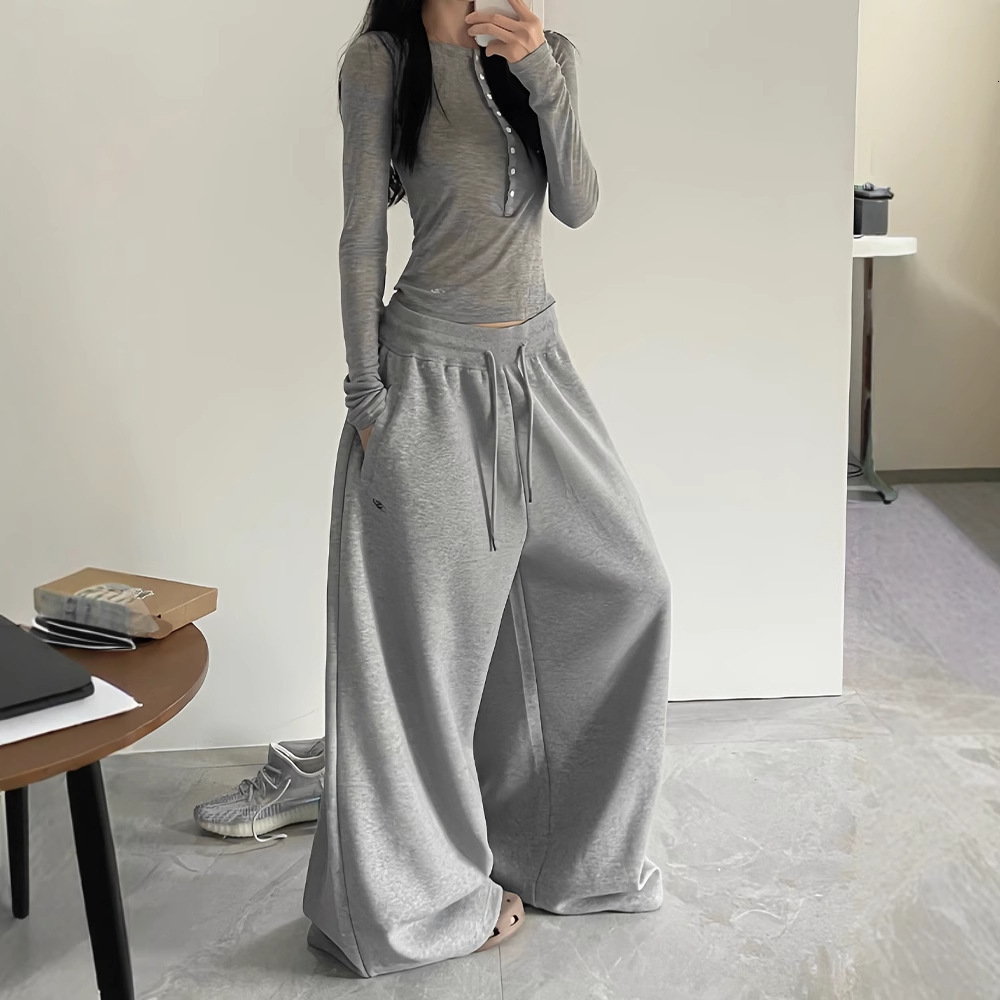 American Style Sports Casual for Women, Autumn Thin Sweatpants, Wide-Leg Pants, Draped Floor-Length Loose Plus Size Long Pants