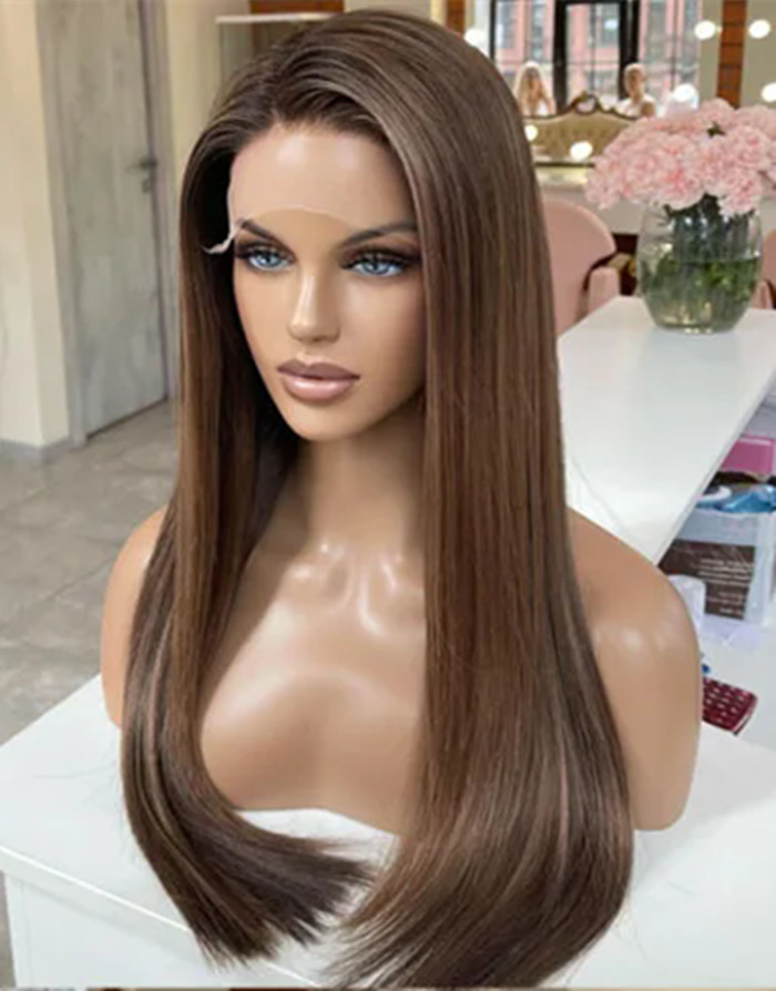 Highlight Chocolate Brown hd Lace Front Wigs Human Hair Bone Straight Preplucked Human Hair Wig Brazilian Colored Remy Wigs 180%