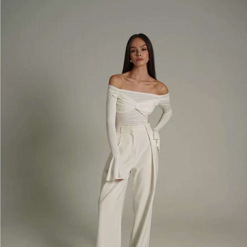 New Women Off-Shoulder Bow Long Ruffled Bell Sleeve Solid Color Simple Style Top B5