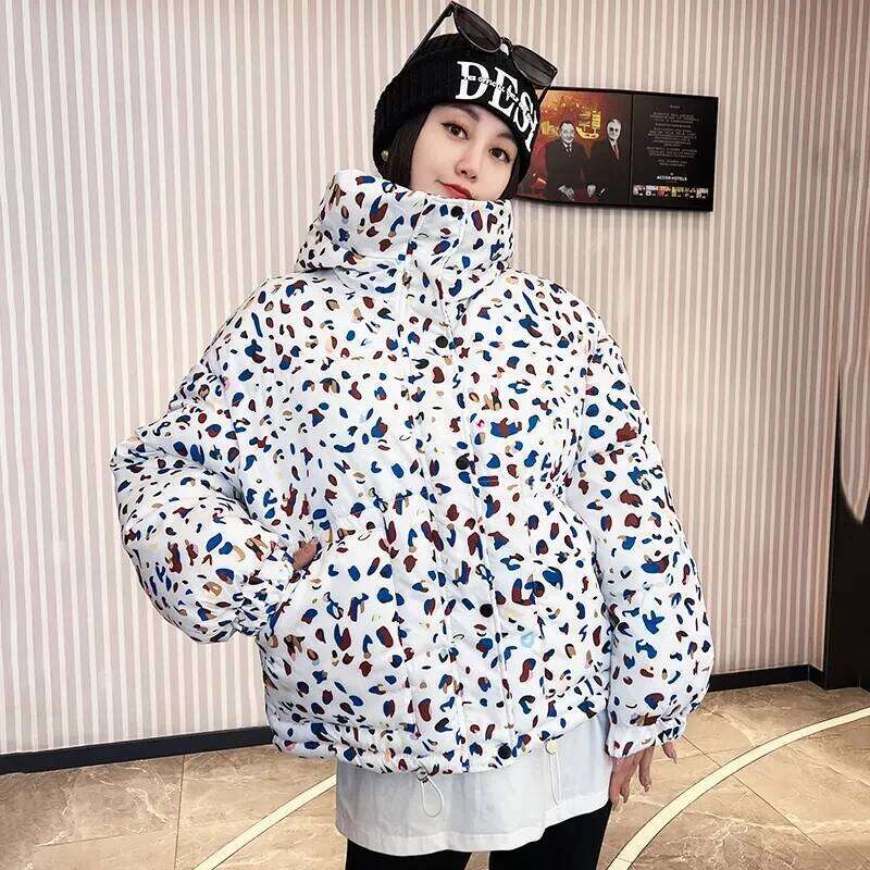 2025 Winter New Print Cotton Jacket Women Streetwear Female Warm Parkas Hooded Down Cotton Coat Korea Loose Short Bread Outwear