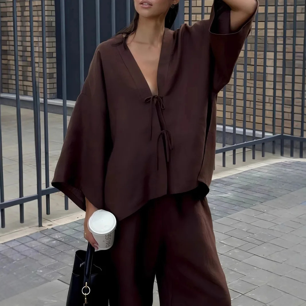 Summer Cotton Matching Sets 3/4 Sleeve V-Neck Blouse Casual Trousers 2 Piece Sets Woman Fashion Street Suit Loose Outfits 250714