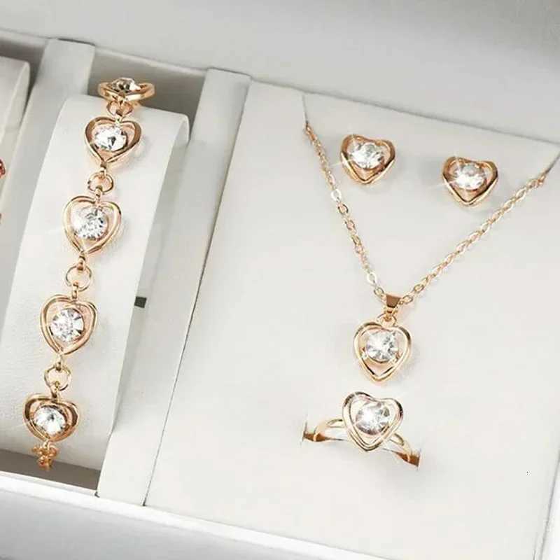 5PCS Set Gold-Color Shaped Jewelry Sets Of Ring Earrings Necklace For Women Elegance Rhinestone Double Jewelry X250718