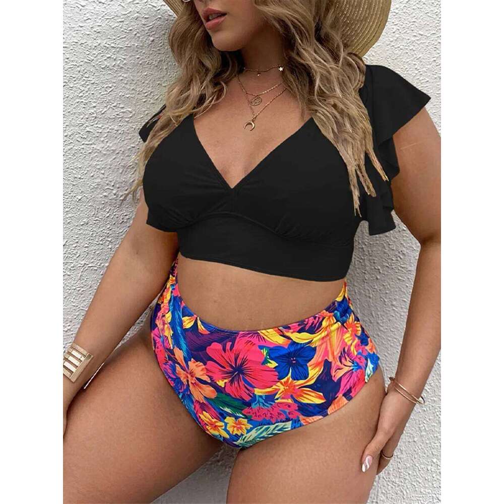 Plus Ruffle Sleeves High Waist Bikini Women's V Neck Push Up Large Swimsuit 2025 Mujer Big Size Tummy Control Swimwear