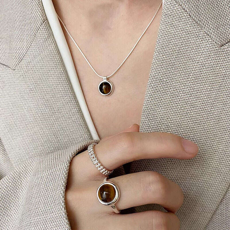 Tiqi S Pure Silver Niche Design Tiger Eye Stone for Women Ins Simple Personality Open Ring Trendy