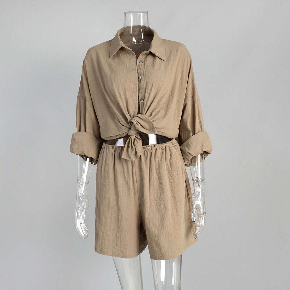 Summer New Women's Vacation Casual Loose Long Sleeve Shirt + Shorts Set B5