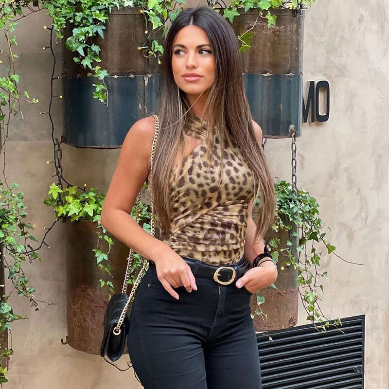 New Women's Fashion Leopard Print Asymmetric Slim Fit Pleated Mesh Jumpsuit Shorts B5