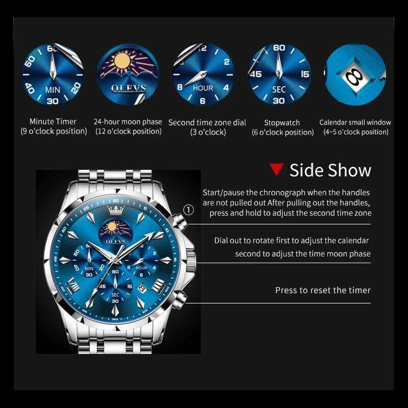 OLEVS 3653 Mens Quartz Multifunctional Chronograph Watch For Men 30M Waterproof Luminous Moon Phase Box Original free shipping