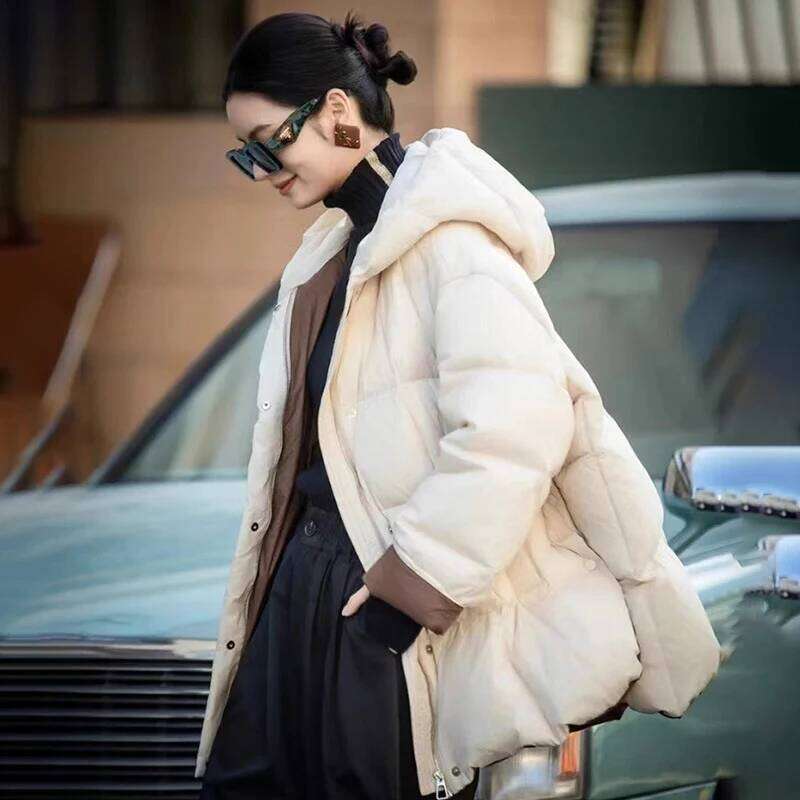 Schinteon Women Jacket Casual Loose Over Size Warm Autumn Winter Outwear White Duck Down With Hood Fashion Coat 2024 New MDNG