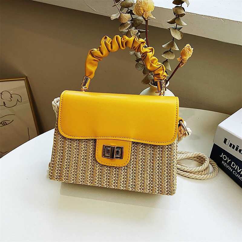 Straw Beach Bag for Women 2021 Summer Pleated Handle Designer Bag Contrast Color Crossbody Purse and Handbag Lady Bolsos Z250718