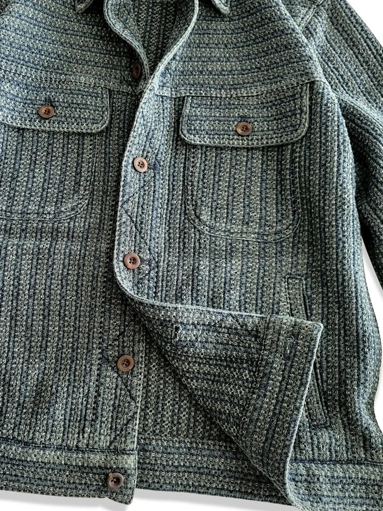 Amekaji Wear Clothes Men Honeycomb Stripes Denim Casual Jacket Coat Loose Version Japanese Style Retro Washed Old 250717