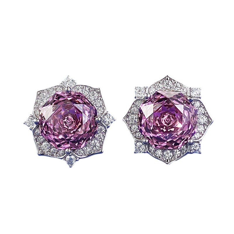 Choucong Brand Stud Earrings Luxury Jewery Ins Top Sell Genuine 100% S925 Sterling Silver 8MM Rose Round Lab Purple Moissanite Diamond Women Fashion E