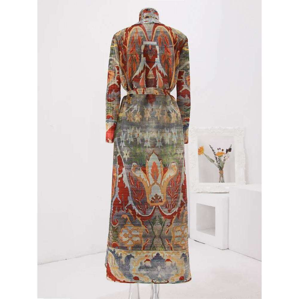 LANMREM Fashion Designer Print Pleated Windbreaker Women Scraf Collar Belt Gathered Waist Contrast Color 2024 New Coat 32C1261