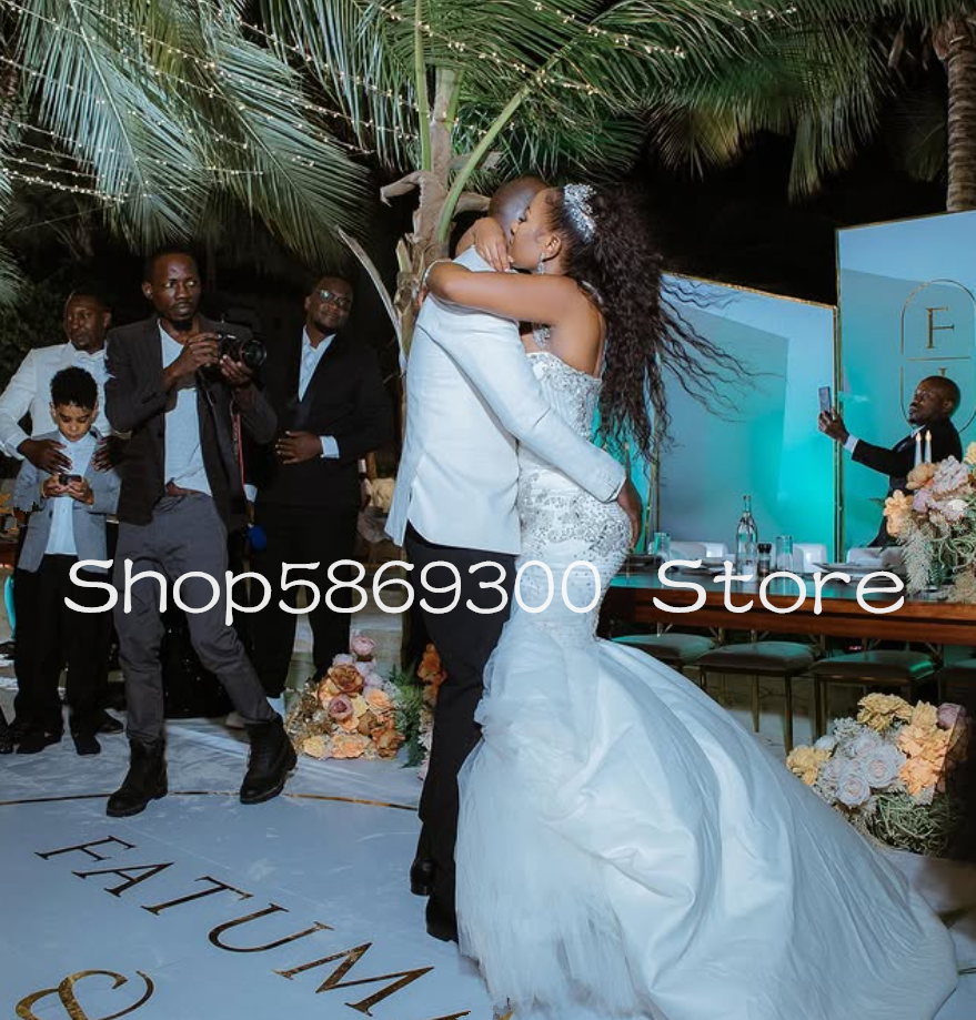 Sparkly Long Mermaid Wedding Dresses Crystal Sheer Mesh Lace-up Corset African Garden Bridal Dress Robes customsized