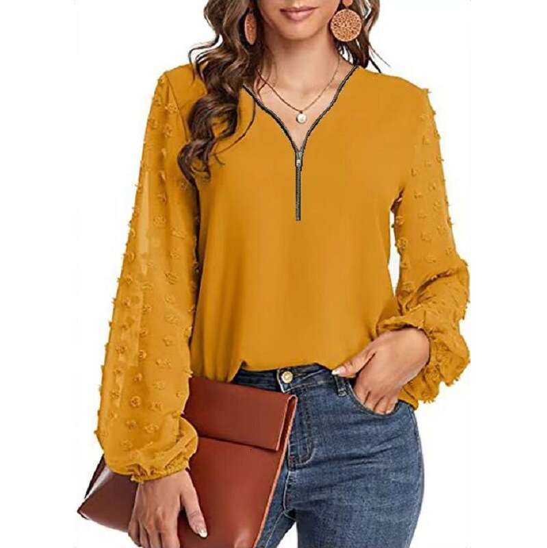 Autumn Women's Pullover V-Neck Zipper Patchwork Long Lantern Sleeve Solid Color Versatile Loose Fit B5