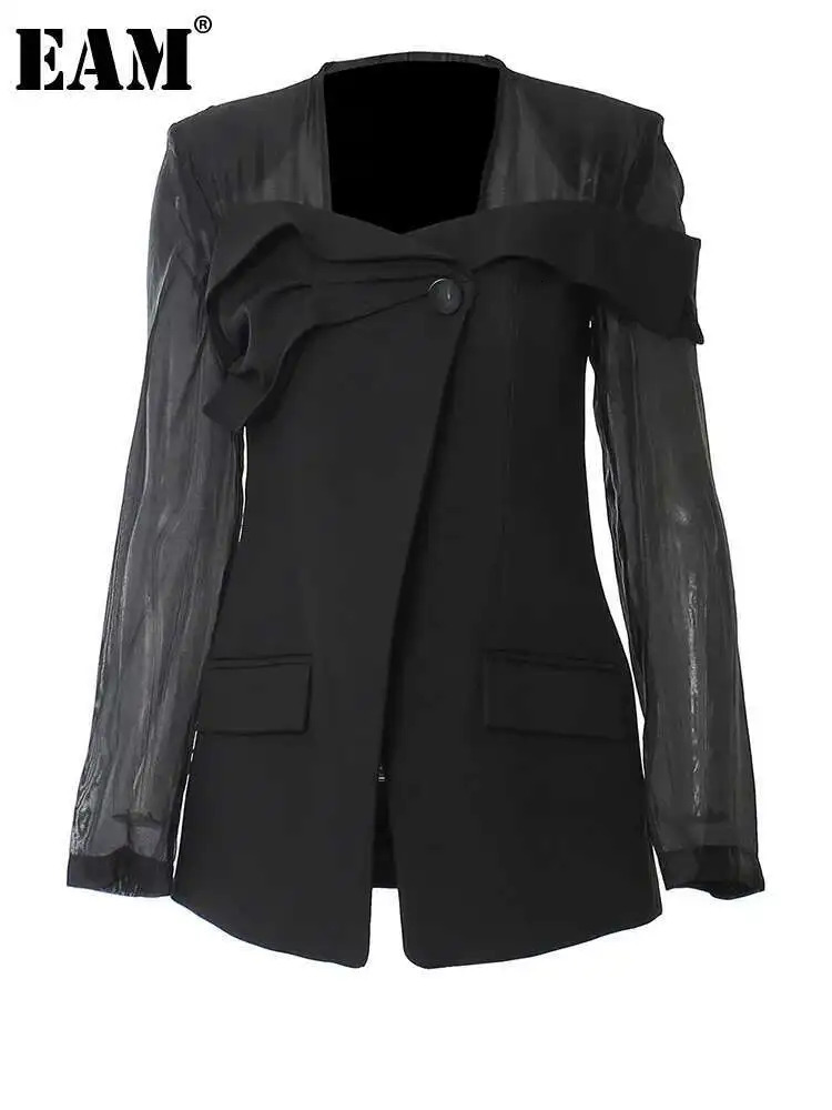 EAM Women Black Mesh Perspective Elegant Blazer Square Collar Long Sleeve Jacket Fashion Spring Autumn 1DH3990 250703