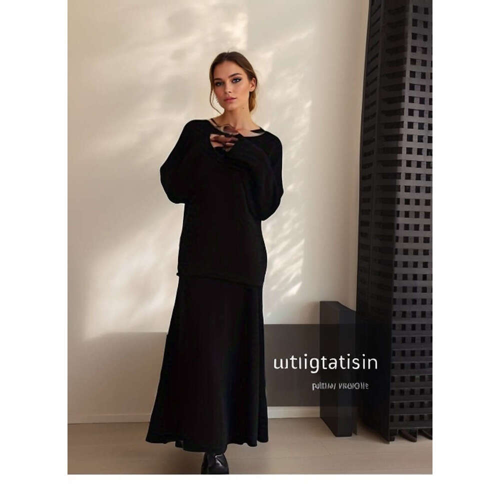 Autumn Winter New Elegant Knitted Set For Women Off-Shoulder Sweater Top Elastic Waist Fishtail Skirt B5