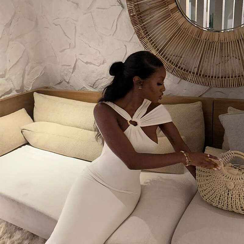 Ins Style Women's Metal Buckle Halter Neck Sleeveless Elegant Slit Hollow Out Backless Irregular Dress B5