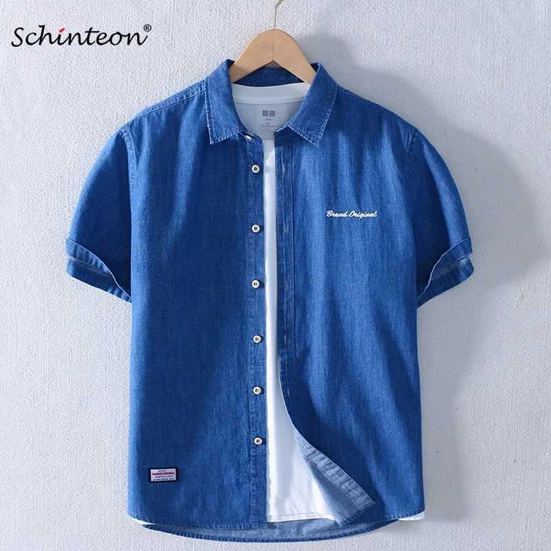 Schinteon Men Summer Thin 100% Pure Cotton Denim Short Sleeve Shirt Casual Turn-down Collar Letter Embroidery Jeans Top 2024 X250718