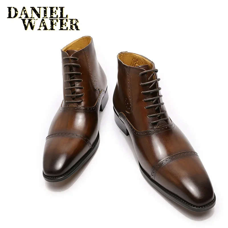 Fashion Mens Ankle Boots Formal Dress Leather Shoes Western Cowboy Style Lace-Up Casual Brown/Black Boots for Men 250715