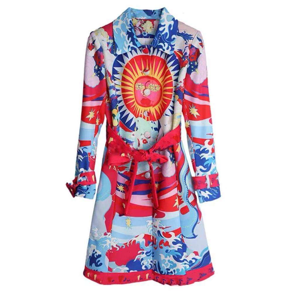 Retro Autumn New Printed Lapel Single-Breasted Long-Sleeved Lace-Up Trench Temperament Fashion Joker Ladies Coat Dress.