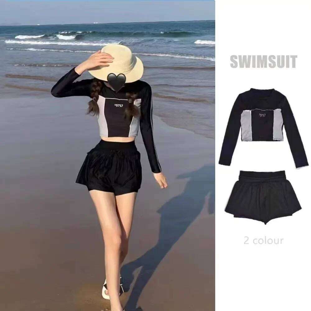 Conservative Sexy Women's Swimsuit Two-Piece Set Thermal Spring Bathing Student Sports Swimwear Belly Covering Slimming Design