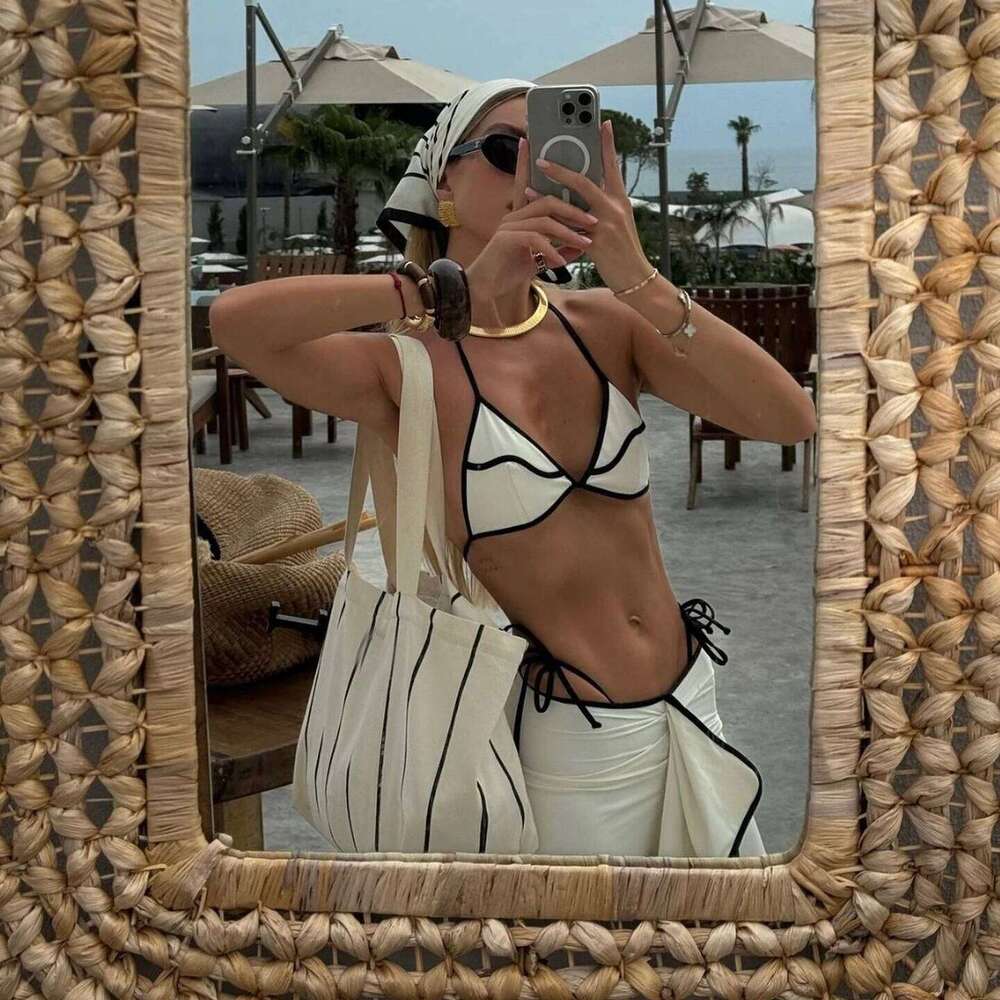 3 Pieces Sexy Bikini Set Black White Bikinis Women Swimsuit Female Elegant Swimwear Long Skirt Bathing Suit Beachwear Cover Up