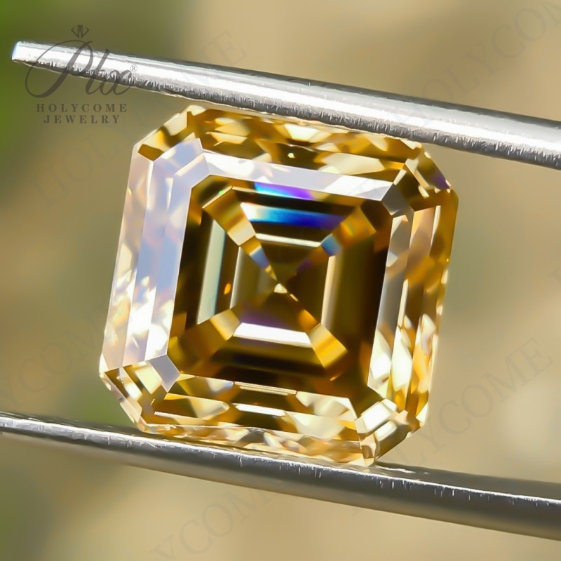 Wholesale Champagne Moissanite 6*6mm~12*12mm Jewelry Making Materials Original Color Asscher Cut Loose Synthetic Moissanite Diamond for Ring