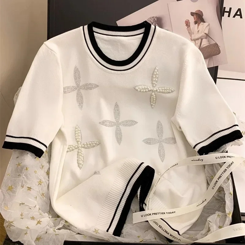 Ice Silk O-neck Beaded T-shirts Fashion Sweet Knitted Short Sleeve Tee Shirt Summer Loose Black Tops Women 250718
