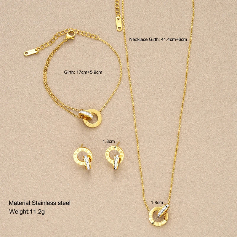 4Pcs/Set Gold Color Stainless Steel Crystal Necklace Bracelet Earrings for Women Interlocking Circles Roman Numbers Jewelry Sets 250715
