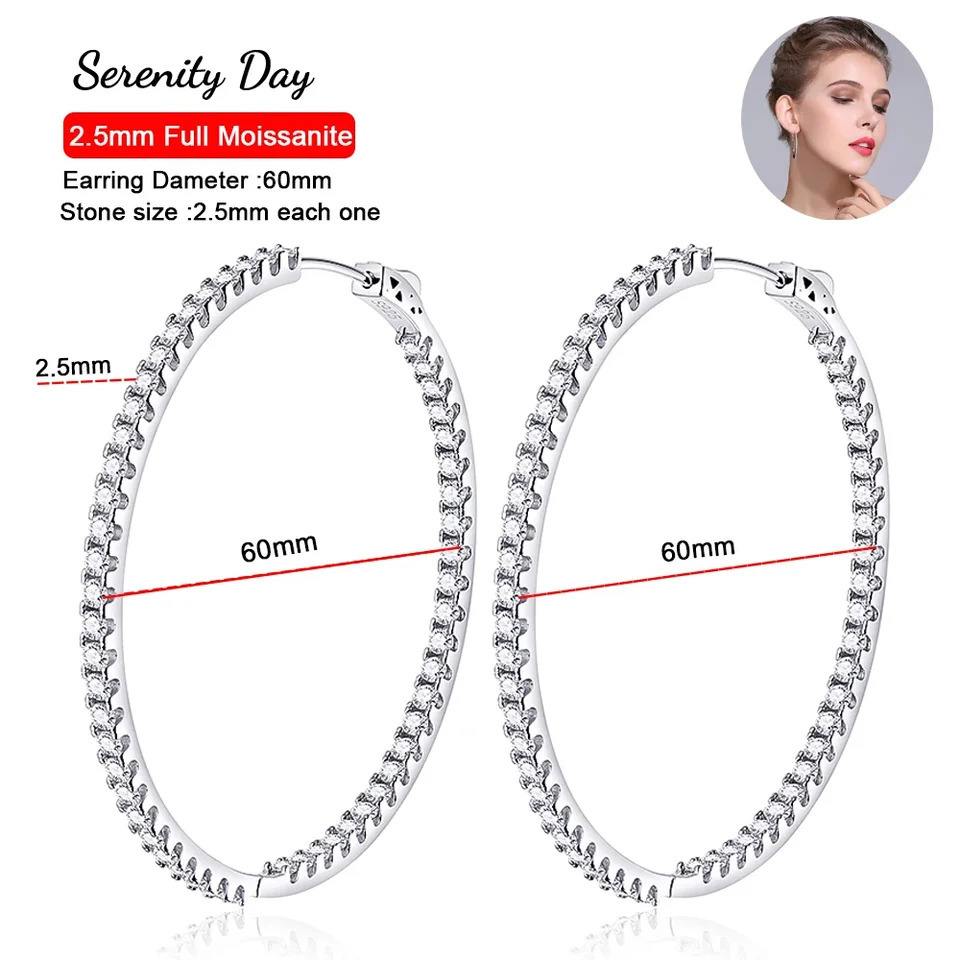D Color 2.5mm Real 60mm Big Hoop Earrings For Women Gift S925 Sterling Silver Stud Earrings Plated 18K Fine Jewelry 250716