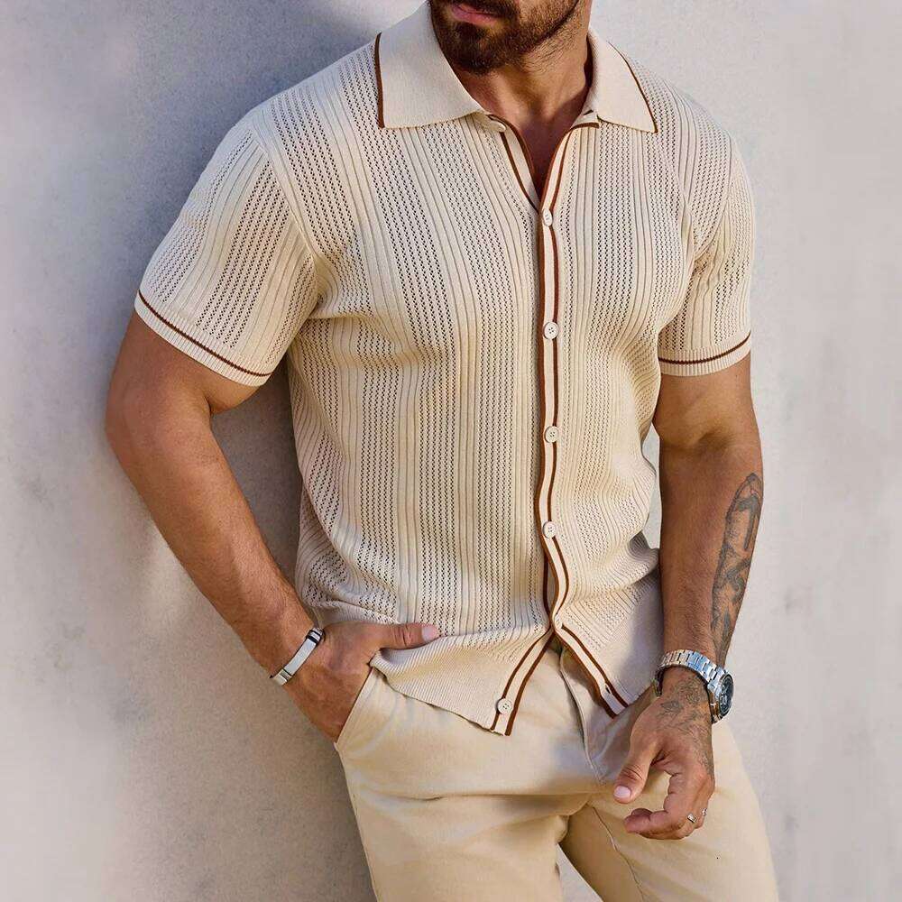 Slavinson Men's Short Sleeve Summer Fashion Retro Knit Lapel Top Solid Color Soft Breathable Light Polo Knitwear Men US Size