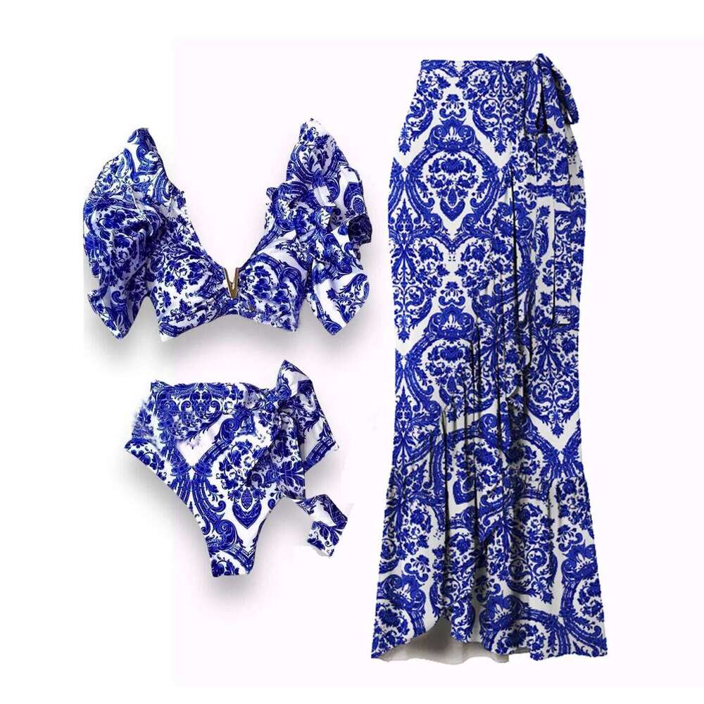 Sexy Printed Bikinis With Cover Up Women Swimwear 2025 Shoulder Ruffle Swimsuit Female V Neck Biquini Bathingsuit Beachwear