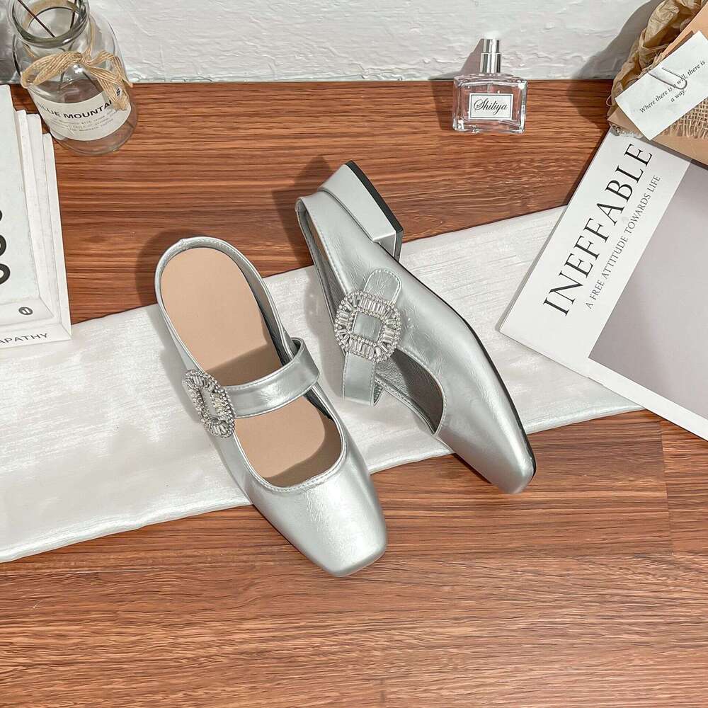 Designer Sparkling Diamond Buckle Small Square Toe Wide Strap Commuting Versatile Low Heel Elegant Half Slip-On Women's Closed-Toe Lazy Shoes