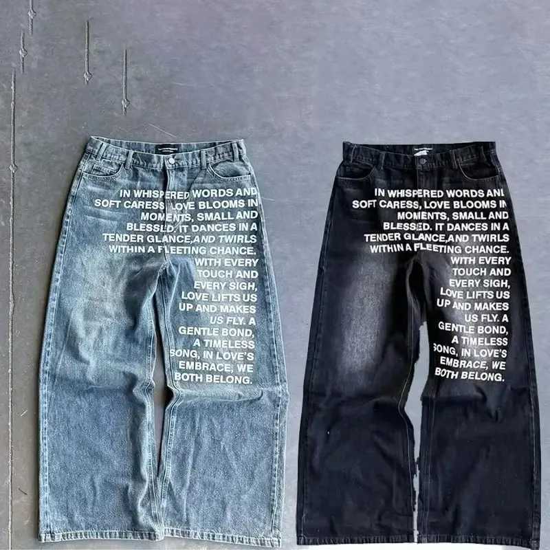 Blue Jeans Vintage Fashion Y2K Wide Leg Pants Harajuku Hip Hop Streetwear Letter Printing Jeans Gothic Black Baggy Casual Pants X250718