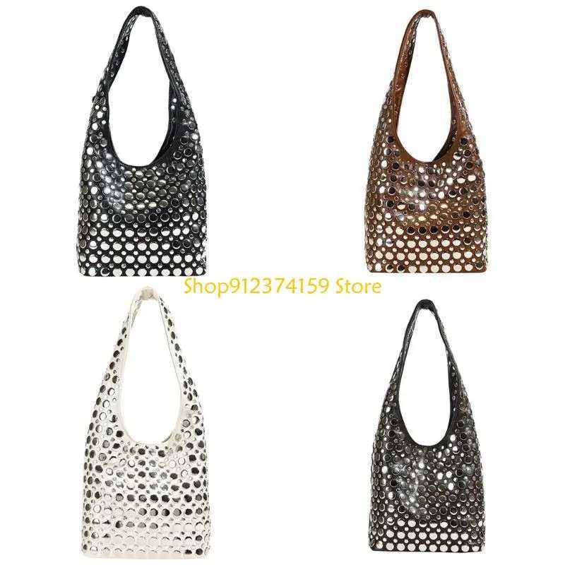 G5AE Elegant Dot Studded Bucket Bag PU LShoulder Bags Armpit Purse For TrendyWomen