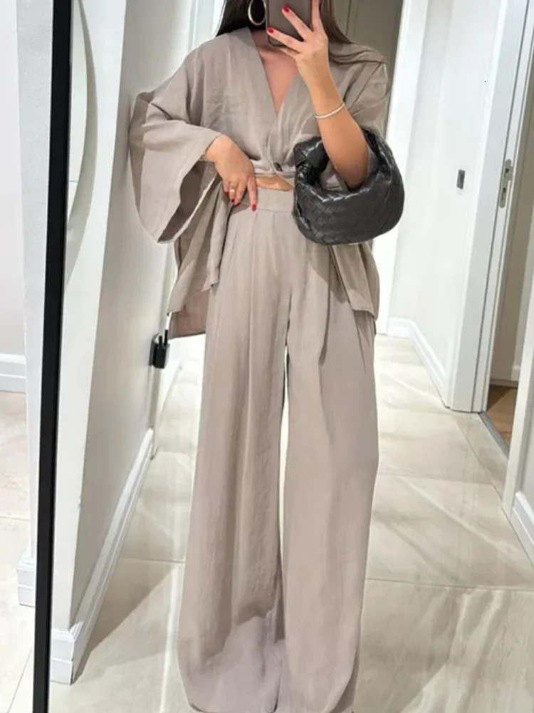 2025 Summer Casual Solid Straight Pants Set Women Chic V Neck High Waist Long Sleeve Flare Top Suits Summer Daily Street Outfits 250715